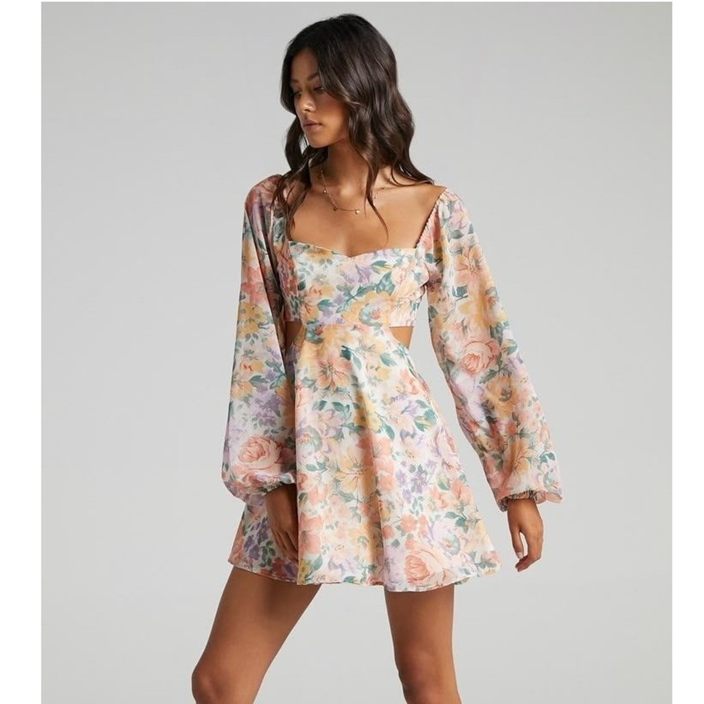 Showpo Ebonee Mini Dress Puff Sleeve Cut Out Dress in Flower Crown Womens 10